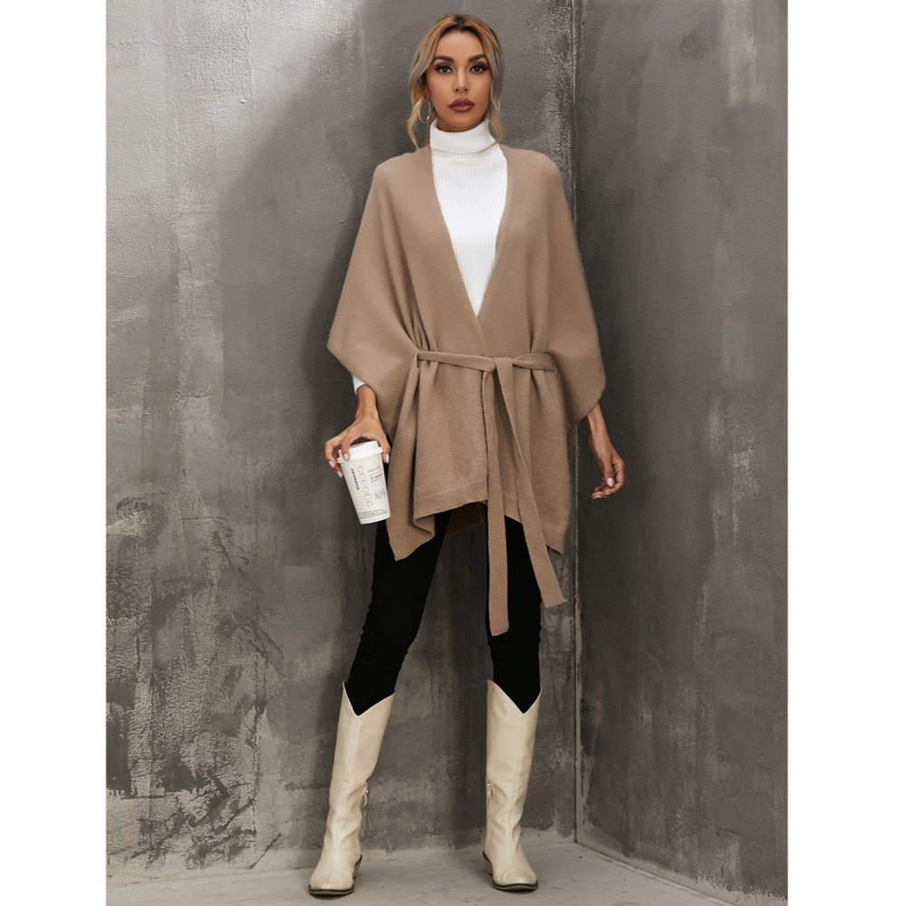 Knitted Cape Belted in Tan - Picture 5 of 10